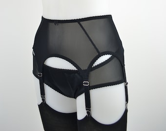 Black Suspender Belt, Sheer, 6 Strap, Vintage Style garter belt. Available in plus size, sizes 8-22