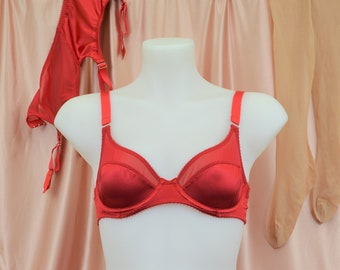 Red Satin Underwired Bra in vintage style 1950s Retro inspired lingerie  Available in plus size