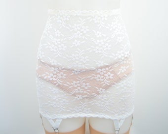 White Lace Open Bottom Roll On 6 strap Girdle. Vintage and retro inspired lingerie by Pip & Pantalaimon. Available in plus size. Sizes 8-22