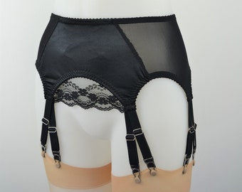 12 strap Suspender Garter Belt Black Lace and satin, shapewear underwear Vintage Retro Style Lingerie Plus Size 8-22