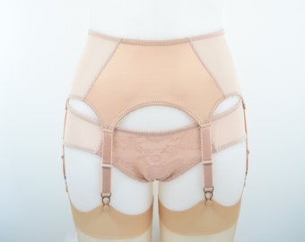 6 Strap Suspender Garter Belt in luxury Biscotti satin and mesh,  Vintage Retro Style lingerie Plus size. Sizes 8-22