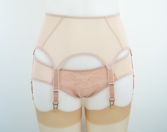 6 Strap Suspender Garter Belt in Biscotti, Sheer mesh, vintage retro Style Lingerie Tailles 8-22