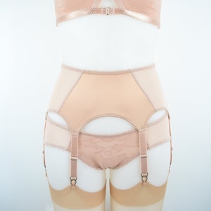 6 Strap Suspender Garter Belt in luxury Biscotti satin and mesh,  Vintage Retro Style lingerie Plus size. Sizes 8-22