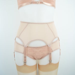 6 Strap Suspender Garter Belt in Biscotti, Sheer mesh, Vintage retro Style Lingerie Sizes 8-22