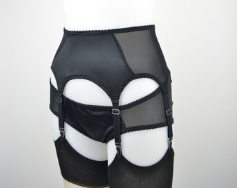 Black Satin Suspender Garter Belt, sheer 6 Strap Vintage Style Shapewear Lingerie  Plus size. Sizes 8-22