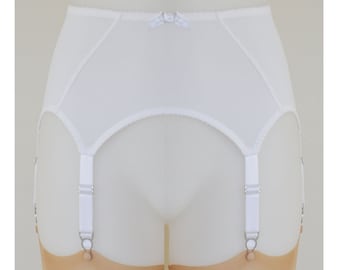 White Suspender Garter Belt, Sheer mesh, 6 Strap, Vintage retro style lingerie by Pip & Pantalaimon. Plus size. Sizes 8-22