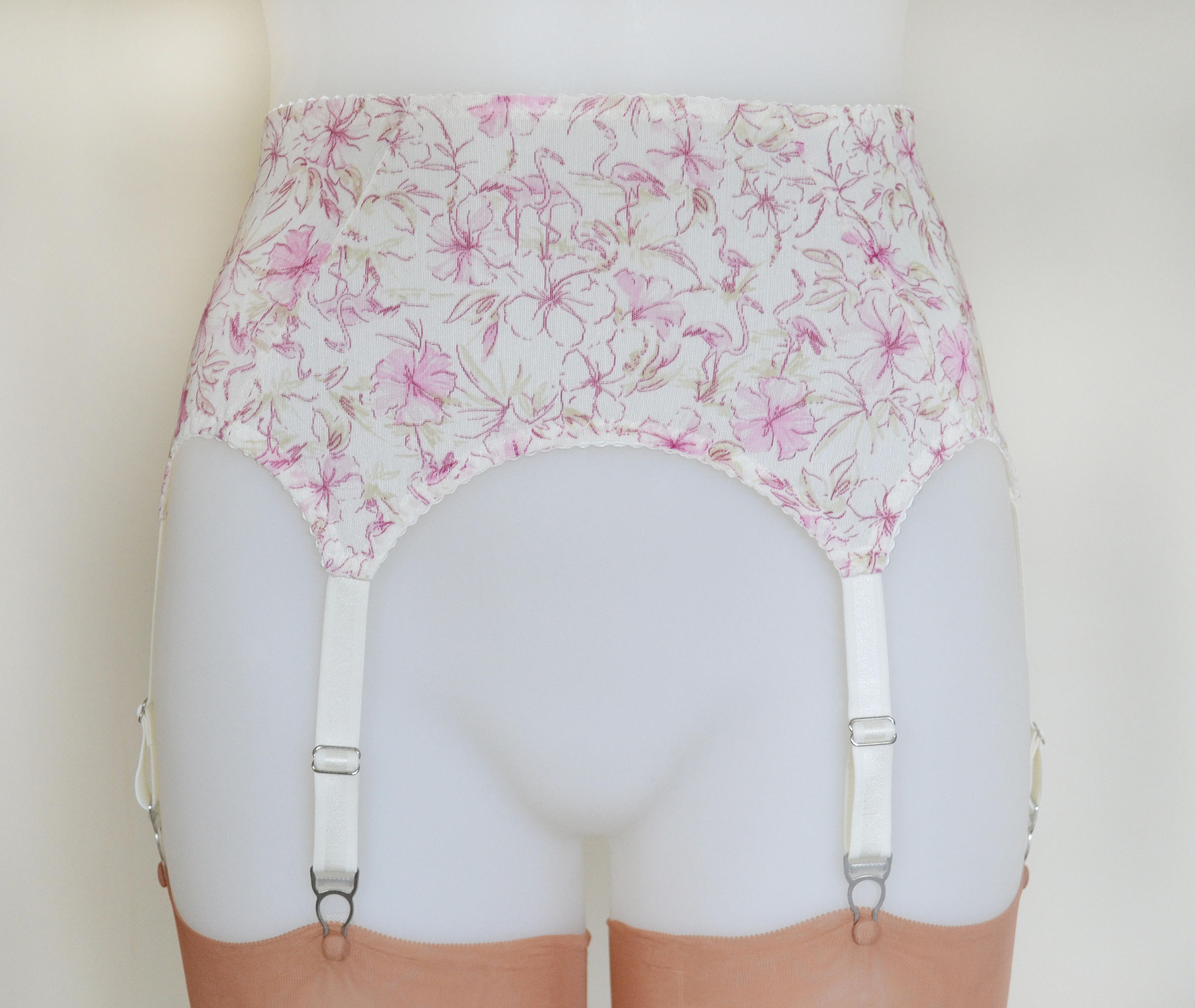 Image of Flamingo Print Suspender Garter Belt, Sheer Mesh,  Strap, Vintage & Retro Style Lingerie By Pip & Pantalaimon