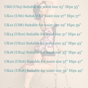 May include: A size chart for women's clothing with UK and US sizes listed. The chart shows the corresponding waist and hip measurements in inches for each size. The text "If you can, please order directly from WWW.PIPANDPANTALAIMON.CO.UK" is at the bottom of the chart.