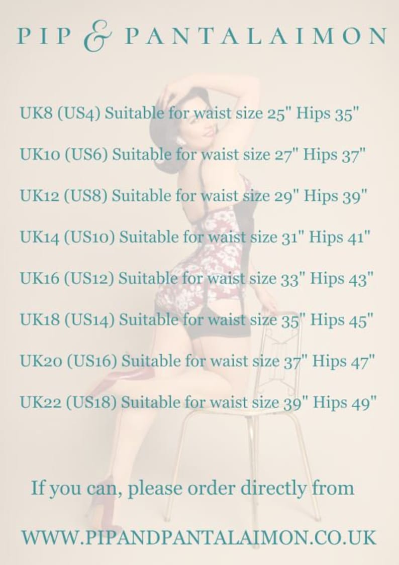 May include: A size chart for women's clothing with UK and US sizes listed. The chart shows the corresponding waist and hip measurements in inches for each size. The text "If you can, please order directly from WWW.PIPANDPANTALAIMON.CO.UK" is at the bottom of the chart.