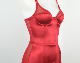 Red Satin Underwired Corselette Retro Style, Pin Up Corselette. Vintage inspired lingerie available in plus size 8-22