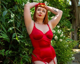 Red Satin Underwired Corselette, Vintage Pin Up Lingerie