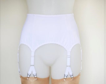 White Garter Suspender Belt with 6 Y straps. Vintage Retro Style lingerie by Pip & Pantalaimon. In classic white satin. Sizes 8-22