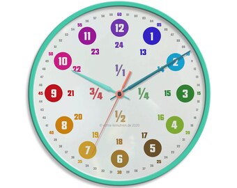 Customizable learning clock for children with 24 hour display as a rainbow clock Noiseless wall clock
