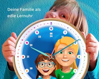 Customizable learning clock for children with 24 hour display as a rainbow clock Noiseless wall clock