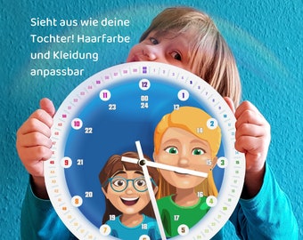 Portraituhr als Lernuhr mit Kindern / Familie • Geräuschlose Wanduhr • Uhr lesen lernen • Waldorf Montessori - Weihnachtsgeschenk