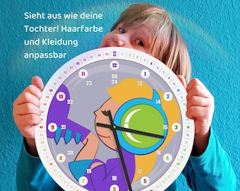 Personalisierte Wanduhr für Schulanfang Tochter als Lernuhr • Geräuschlose Wanduhr • Uhr lesen lernen • Waldorf Montessori - Geschenk