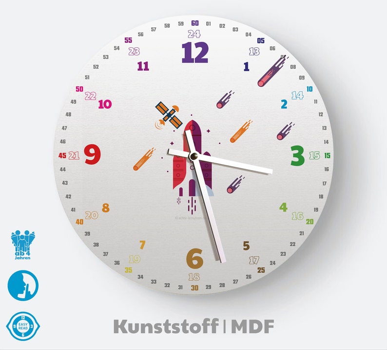 Kinder Wanduhr als Lernuhr gestaltet inkl. Begleitmaterial zum Uhr lernen, Uhr lesen lernen Waldorf Montessori Bild 1