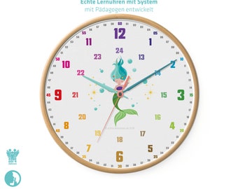 Meerjungfrau Lernuhr für Mädchen Kinderzimmer zum Schulanfang Regenbogenuhr, bunte Uhr, Personalisierbare geräuschlose Wanduhr für Kinder –