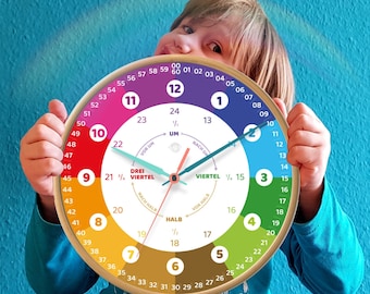 Customizable learning clock for children with 24 hour display as a rainbow clock Noiseless wall clock