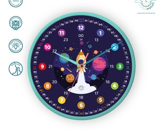 Customizable learning clock for children with 24 hour display as a rainbow clock Noiseless wall clock