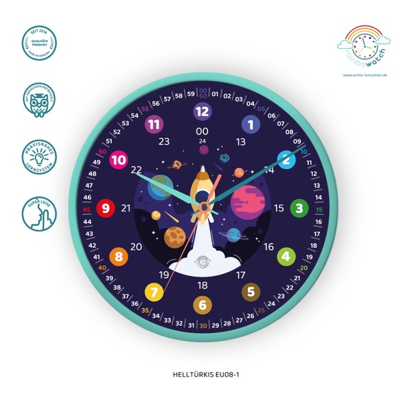 Customizable learning clock for children with 24 hour display as a rainbow clock Noiseless wall clock