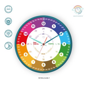 Customizable learning clock for children with 24 hour display as a rainbow clock Noiseless wall clock image 3