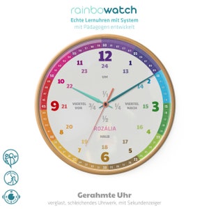 Customizable learning clock for children with 24 hour display as a rainbow clock Noiseless wall clock