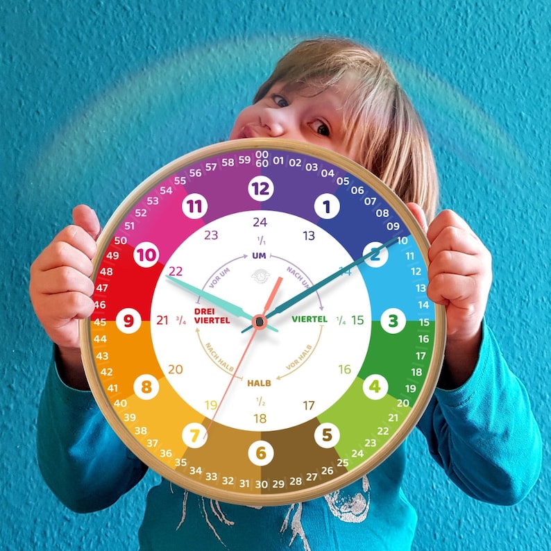 Customizable learning clock for children with 24 hour display as a rainbow clock Noiseless wall clock image 7