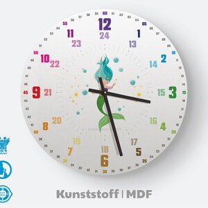 Kinder Wanduhr als Lernuhr gestaltet inkl. Begleitmaterial zum Uhr lernen, Personalisierbar mit Name Waldorf Montessori Bild 1