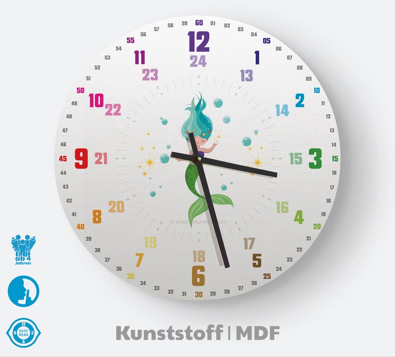 Kinder Wanduhr als Lernuhr gestaltet inkl. Begleitmaterial zum Uhr lernen, Personalisierbar mit Name Waldorf Montessori Bild 1