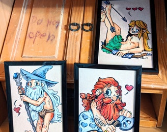 Funny Fantasy Pinup prints (4x6 inches Dwarf Elf and Wizard)