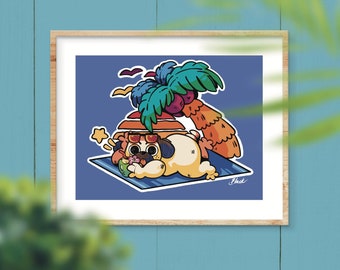 Tropical Beach art print - Bug the Pug Dog