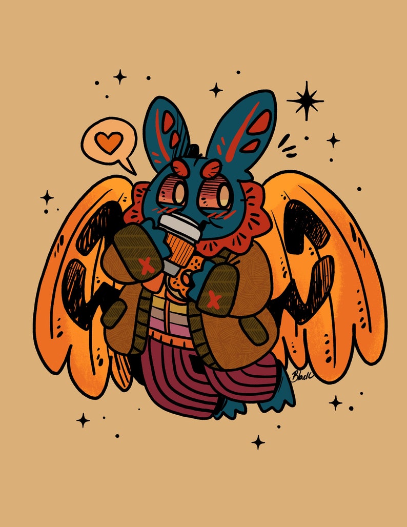 Mothman Pumpkin Spice Mothman Art Print Choose Your Size 4x6 8.5x11 standard size ready to frame cryptid monster cute fall 8.5x11 inches