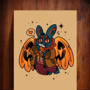 Mothman Pumpkin Spice Mothman Art Print Choose Your Size 4x6 8.5x11 standard size ready to frame cryptid monster cute fall image 1