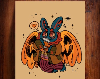 Mothman - Pumpkin Spice Mothman - Art Print - Choose Your Size - 4x6 8.5x11 standard size - ready to frame - cryptid monster cute fall