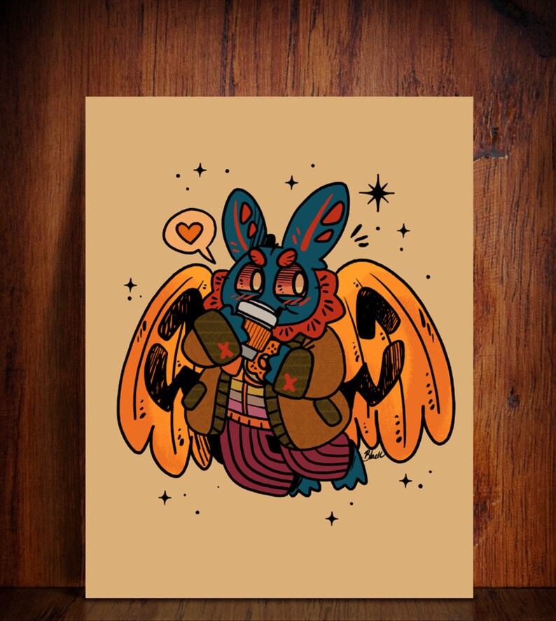 Mothman Pumpkin Spice Mothman Art Print Choose Your Size 4x6 8.5x11 standard size ready to frame cryptid monster cute fall image 1
