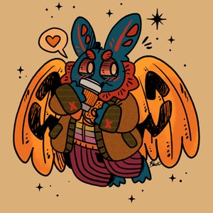 Mothman Pumpkin Spice Mothman Art Print Choose Your Size 4x6 8.5x11 standard size ready to frame cryptid monster cute fall 4x6 inches