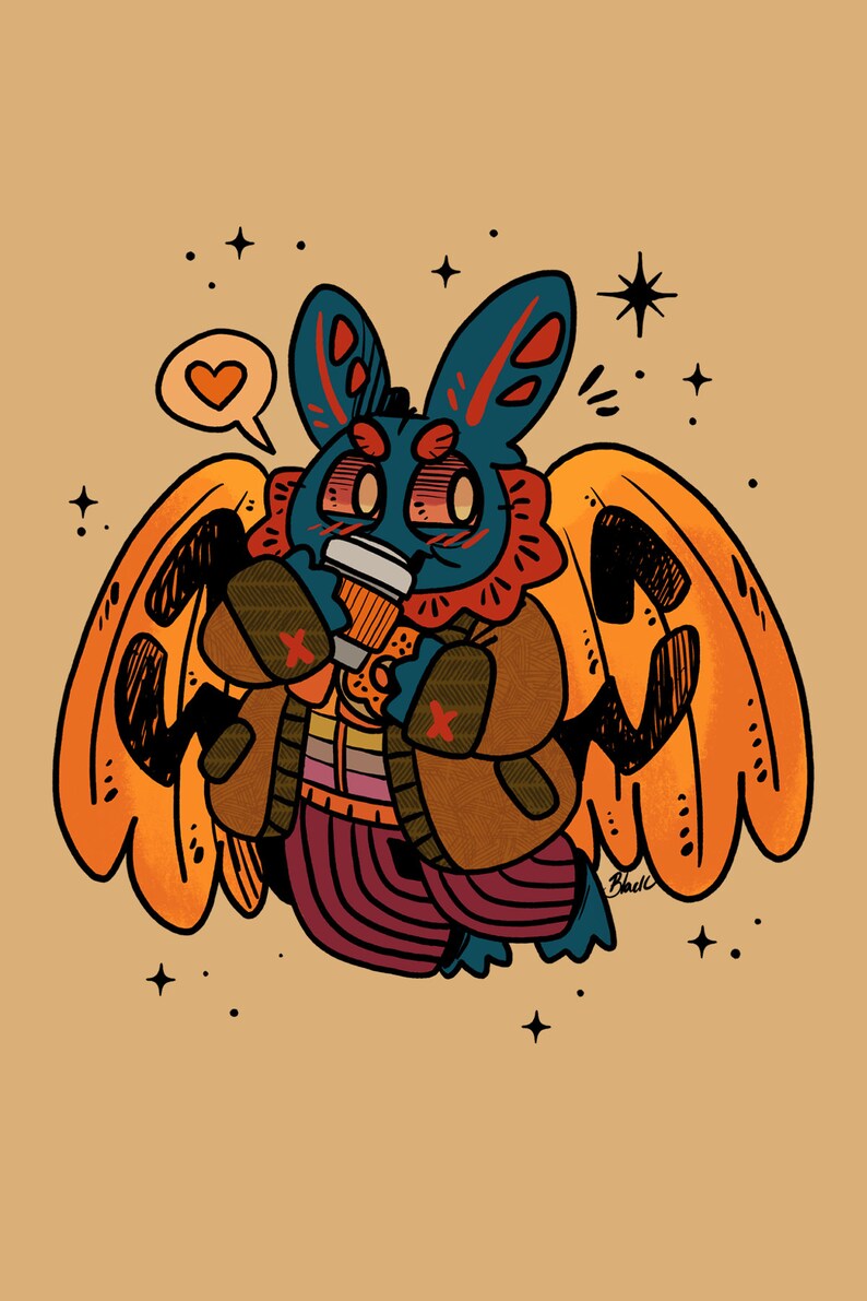 Mothman Pumpkin Spice Mothman Art Print Choose Your Size 4x6 8.5x11 standard size ready to frame cryptid monster cute fall 4x6 inches