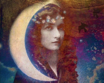 May include: A woman with a crescent moon behind her head holds a crystal ball in her hands. The background is a colorful abstract painting with stars and birds.