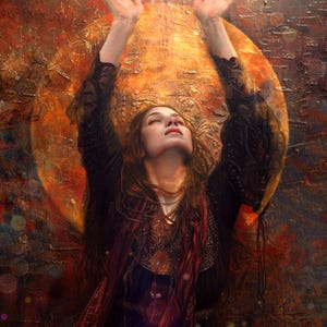 May include: A woman with long brown hair wearing a dark red and black dress with a gold and brown background. She has her arms raised and is looking up at a bright light.