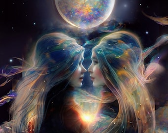 May include: Two figures with long flowing hair, facing each other, with a glowing orb between them. The figures are surrounded by a starry night sky with a large, colorful moon in the background.