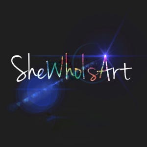 May include: A colorful logo with the text "SheWholsArt" in a white font with a blue and white lens flare behind it.