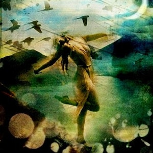 May include: An artistic, digitally enhanced image of a person in a flowing dress, arms outstretched, with birds flying in the background. The color palette includes greens, blues, and browns, with a crescent moon in the sky. The overall theme is ethereal and dreamlike.