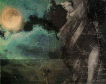 May include: A faded, vintage-style image of a figure in a flowing white dress, standing against a dark blue and green sky with a large, yellow moon. The image has a distressed, textured look, with visible scratches and marks.