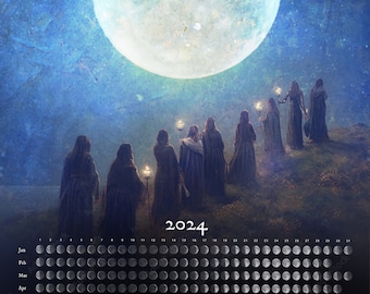 NUEVO- Póster de calendario de fases lunares LUNA 2024 11X17 (La luna y sus hijas)