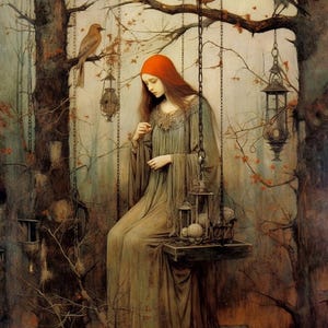 May include: A young woman with long red hair sits on a swing in a woodland setting. She is wearing a long, flowing green dress and a red hooded cloak. The swing is made of chains and has a wooden seat. There are several birdcages hanging from the branches of the trees. The scene is painted in a muted palette of browns, greens, and reds.