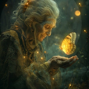May include: An elderly woman with white hair and a gentle smile holds out her hand to a glowing butterfly in a dark forest setting. The butterfly is yellow and has intricate patterns on its wings. The scene is illuminated by soft, warm light.