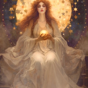 Peut inclure: Une femme aux longs cheveux roux est assise sur un trône, tenant un orbe lumineux dans ses mains. Elle est entourée d'un halo d'étoiles et d'un croissant de lune.