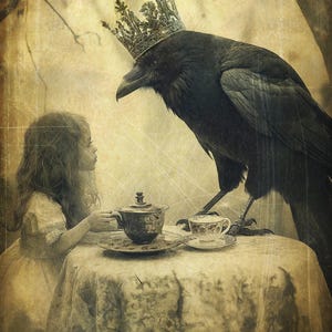 May include: A young girl in a white dress sits at a table with a black raven wearing a gold crown. The raven is holding a teacup and the girl is holding a teapot. The table is covered in a white tablecloth with a floral pattern.