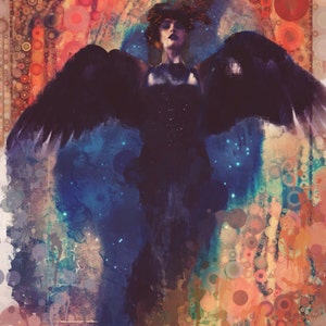 May include: A woman with dark hair and wings stands against a colorful background of abstract circles and splattered paint. The background is a mix of blue, orange, and yellow.